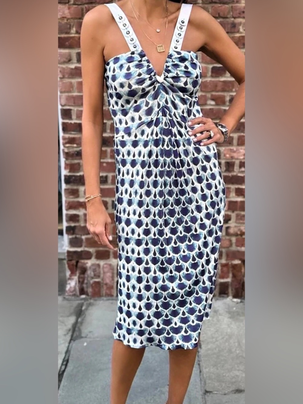 Alberta Ferretti Light Blue/White Print Embellished V-Neck Sheath Dress Size 8